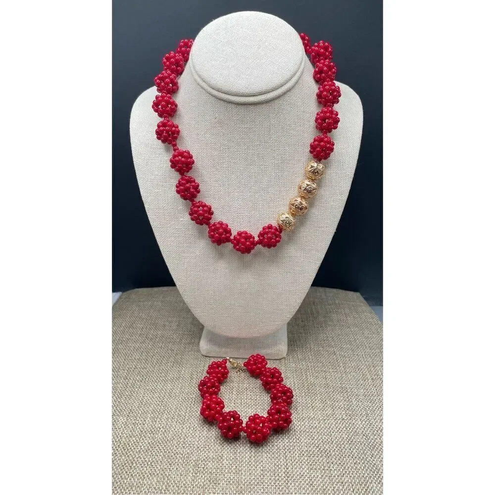 Charming Cherry Two piece Set Necklace and Bracelet Bright Red Beaded